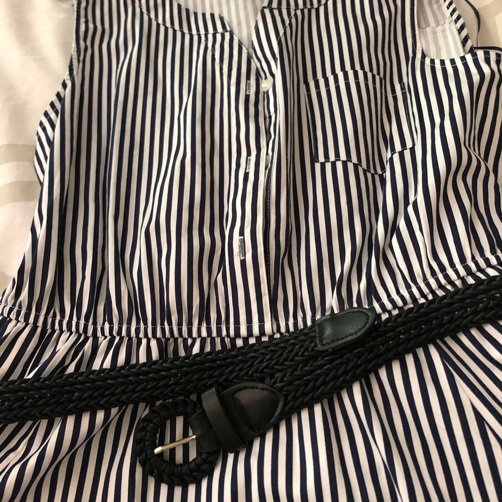 Sleeveless Navy and White Striped Women's Dress with Braided Belt